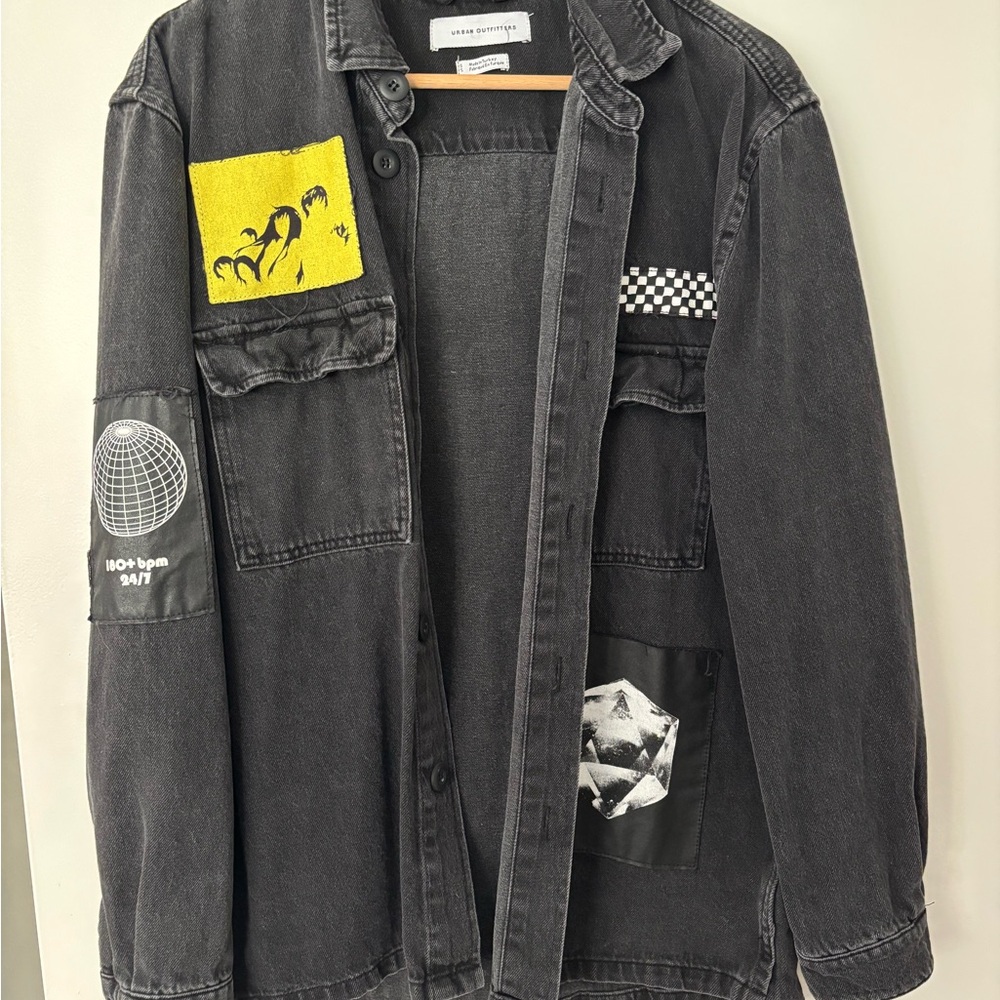 Black Denim Jacket with Graphic Patches Urban